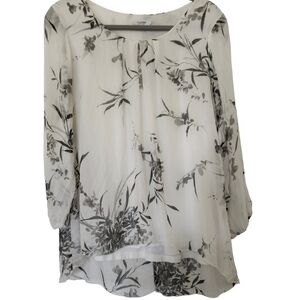 100% Silk Romantic Floral Blouse Black White Small